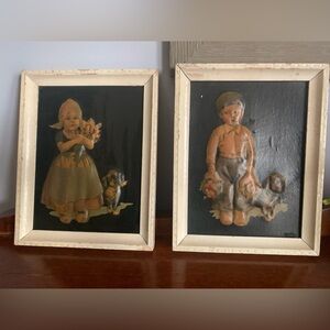 1940s Dutch Girl & Boys Raised Art Framed Pictures (set of 3)